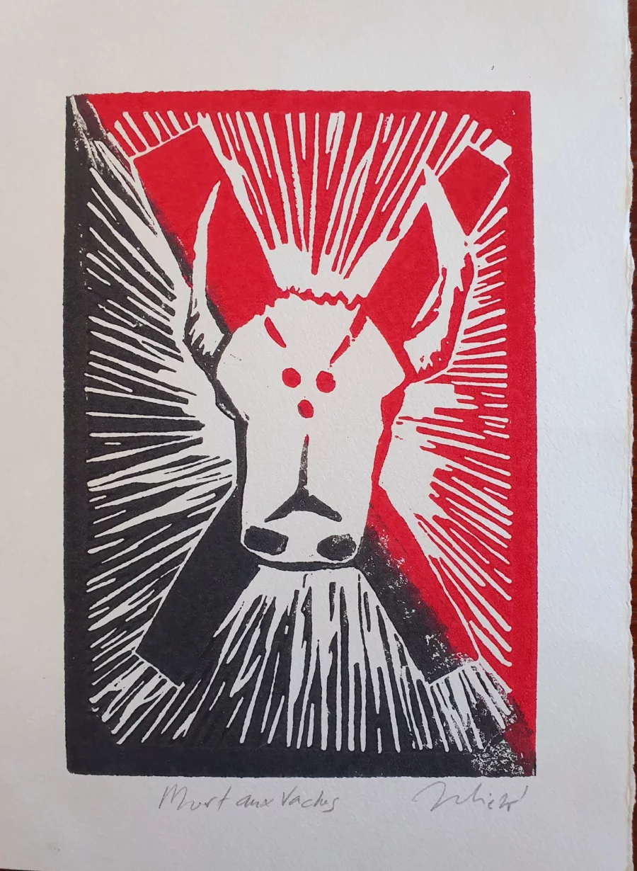 Mort aux vaches, Linogravure deux couleurs, 2025 — Julie Humbert - Artiste visuelle